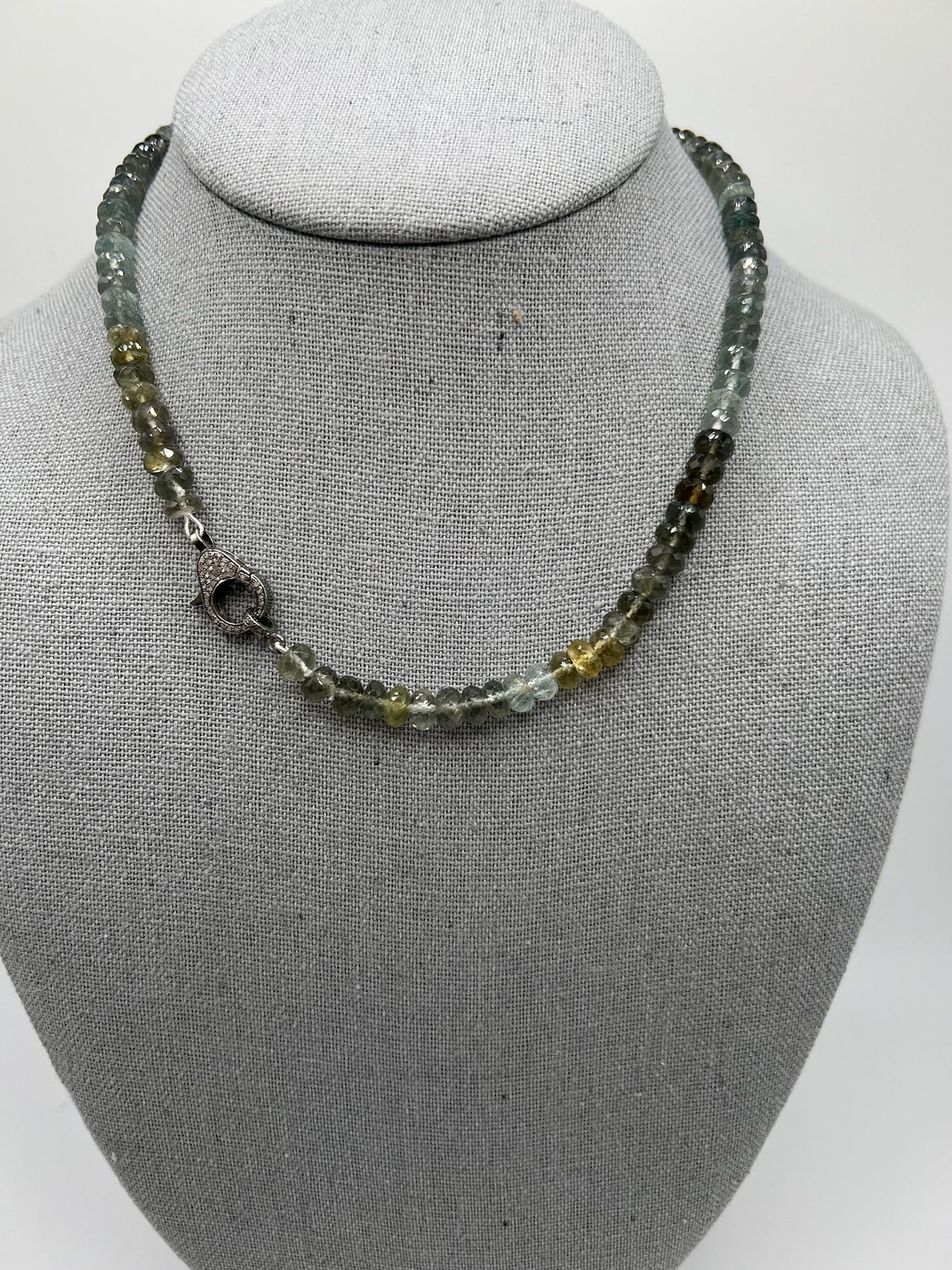 Aquamarine beaded necklace with silver diamond clasp