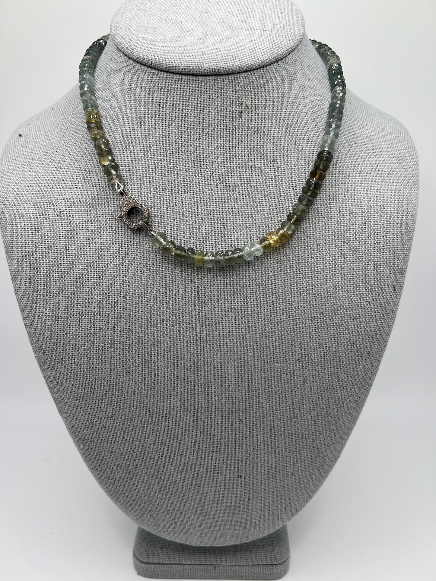Aquamarine beaded necklace with silver diamond clasp