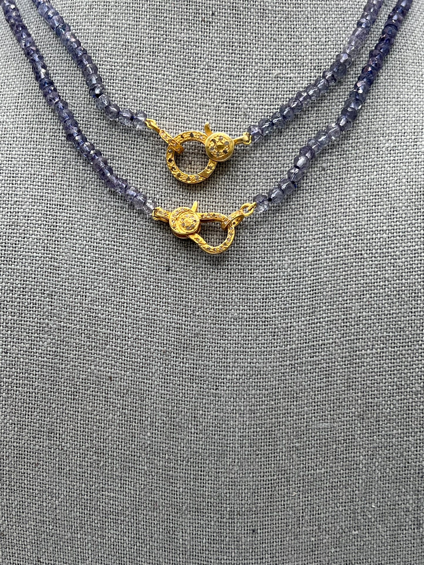Iolite Beaded Necklace with Gold Diamond Clasp