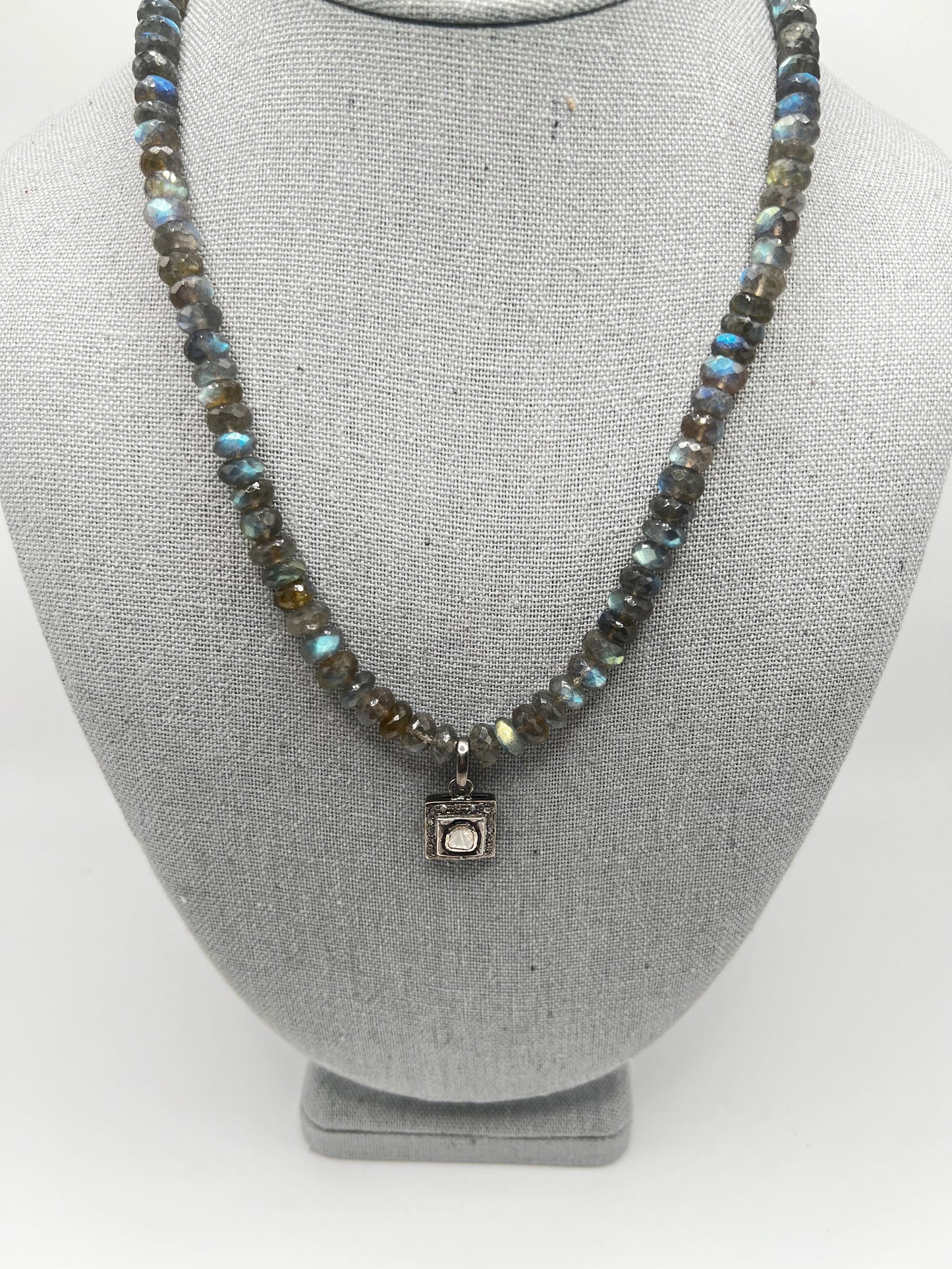 Labradorite Beaded Necklace with Raw Diamond Pendant and Raw Diamond Clasp