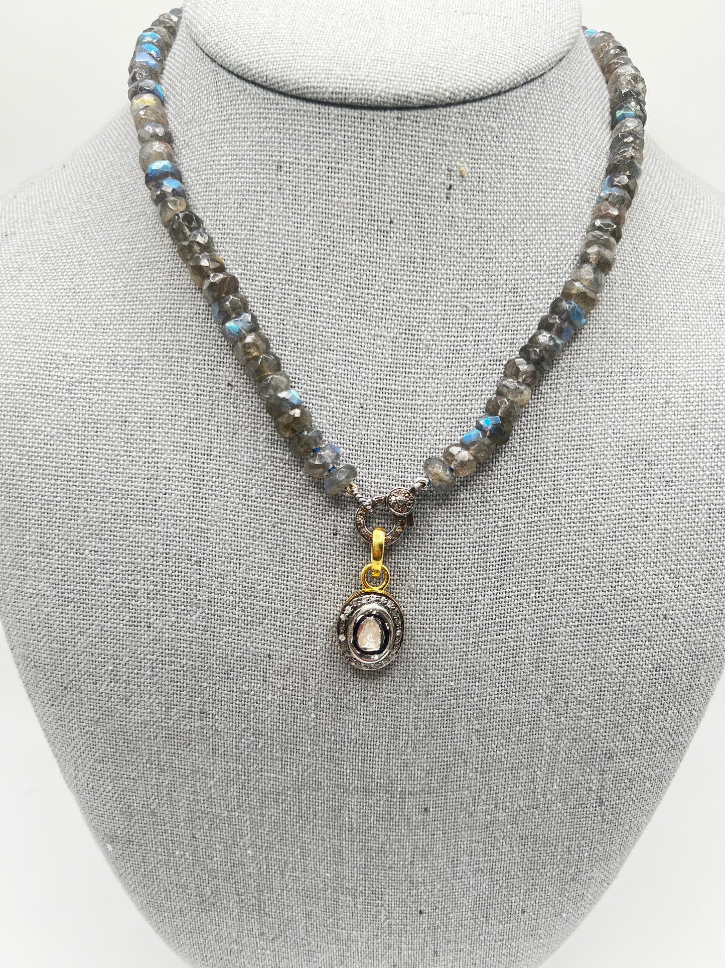 Labradorite Beaded necklace with Raw Diamond pendant and Fismond clasp