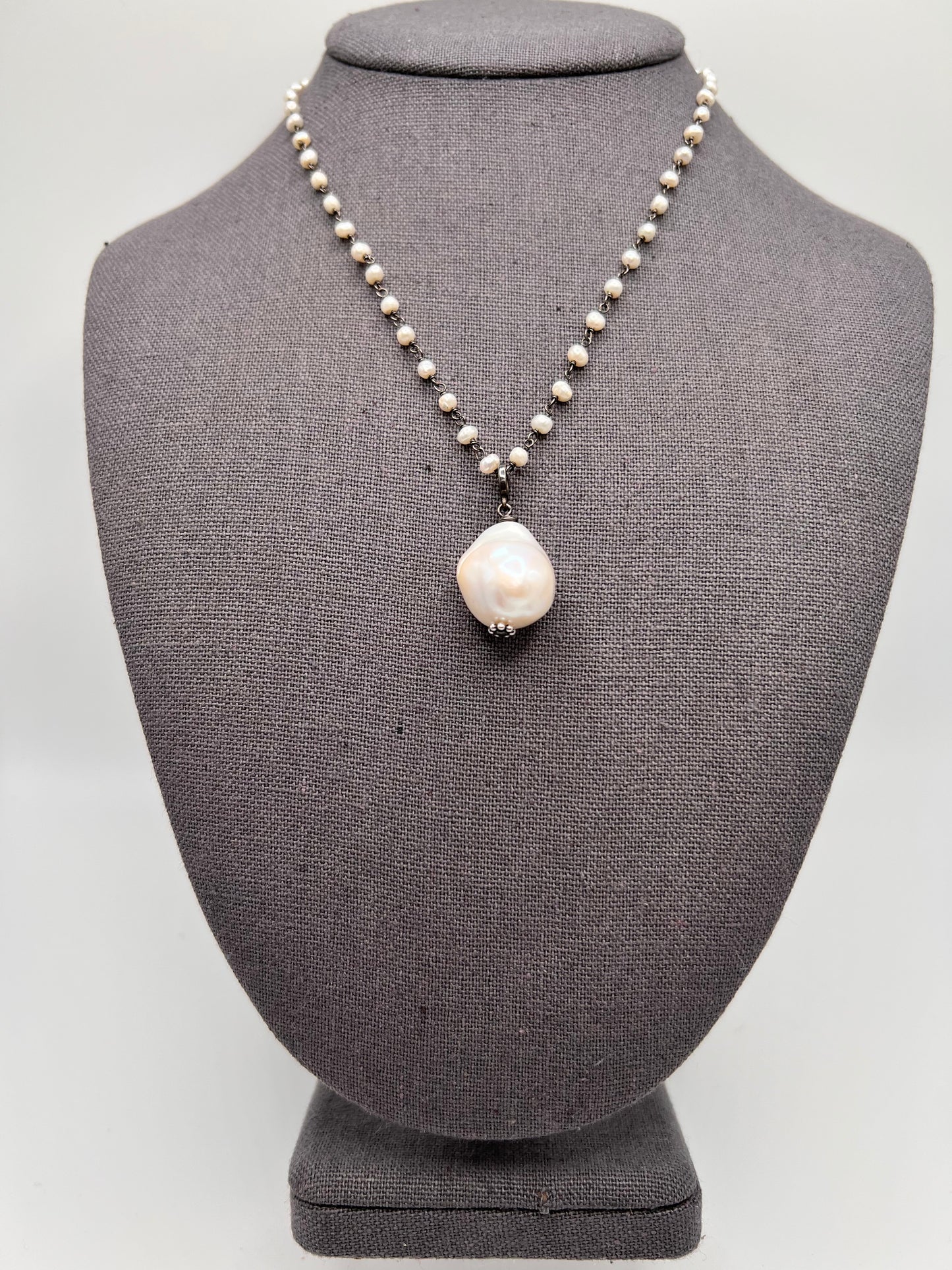 Pearl Drop, Pearl and Oxidized Sterling Chain