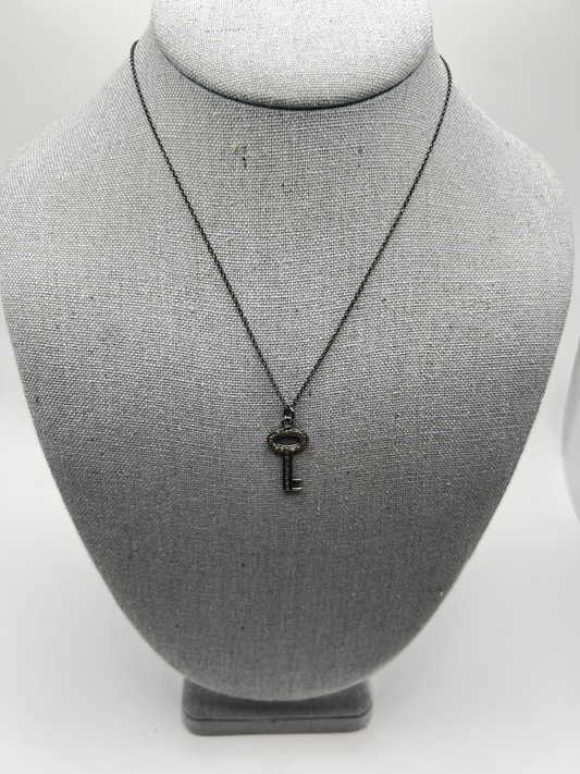 Oxidized Sterling Silver Chain with Diamond Key Charm