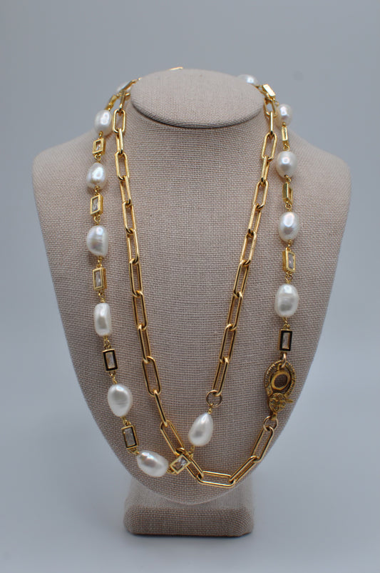 14k Gold-Filled Paperclip Chain with Pearls & Diamond Clasp