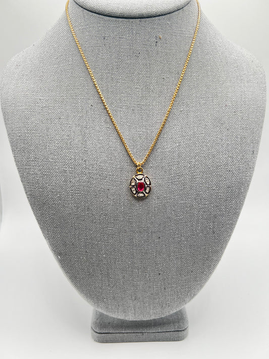 Gold Filled Box Chain with Raw Diamonds and Ruby Pendant