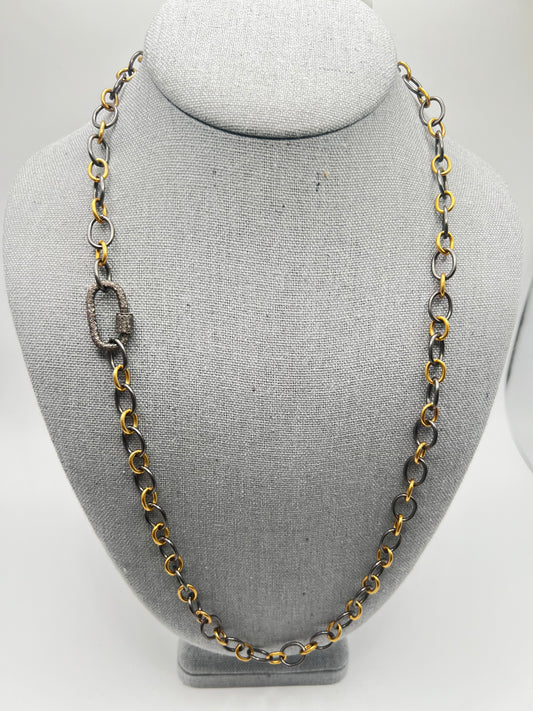 Oxidized Sterling Silver and Gold Filled link chain with Diamond vertical clasp